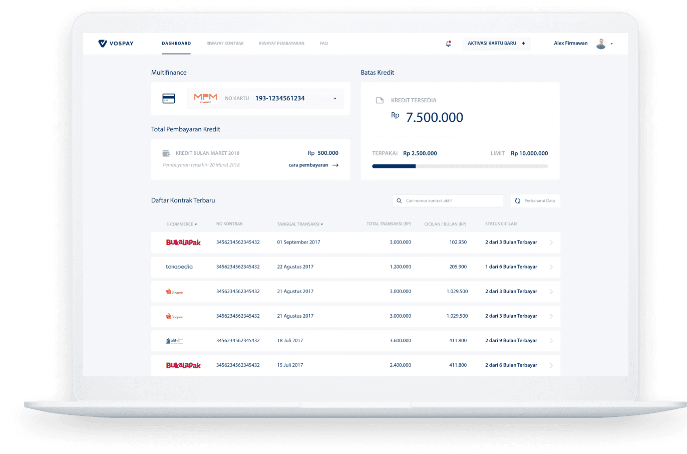 Vospay dashboard interface