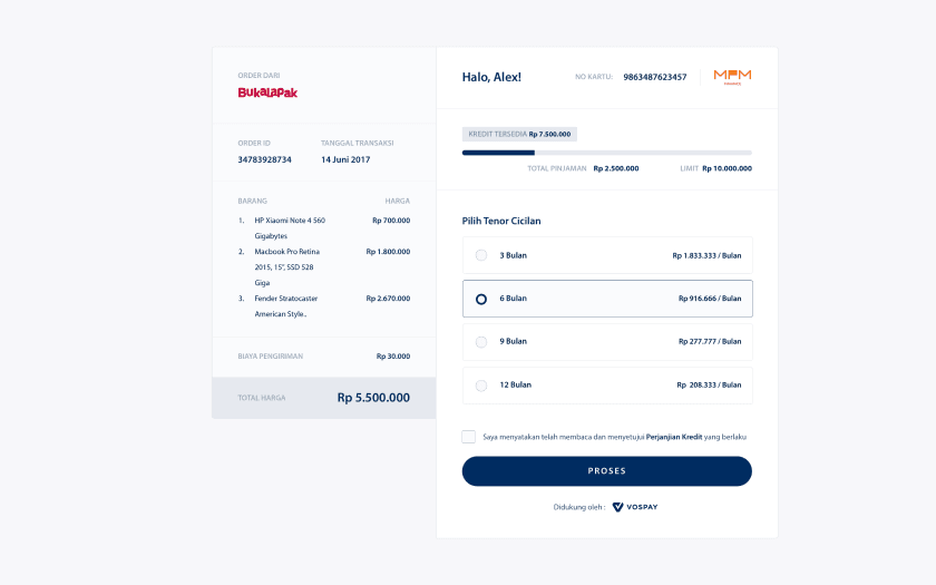 Vospay interface screen 1