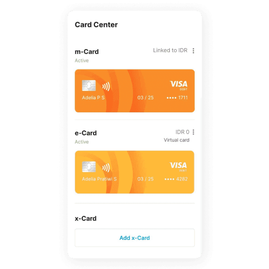 Jenius Cards screen displaying physical and virtual debit card management options