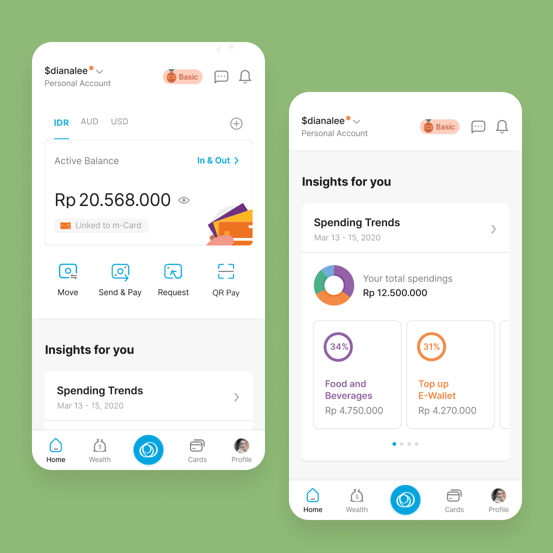 Jenius Home screen showing Active Balance, quick actions and Moneytory expense tracking