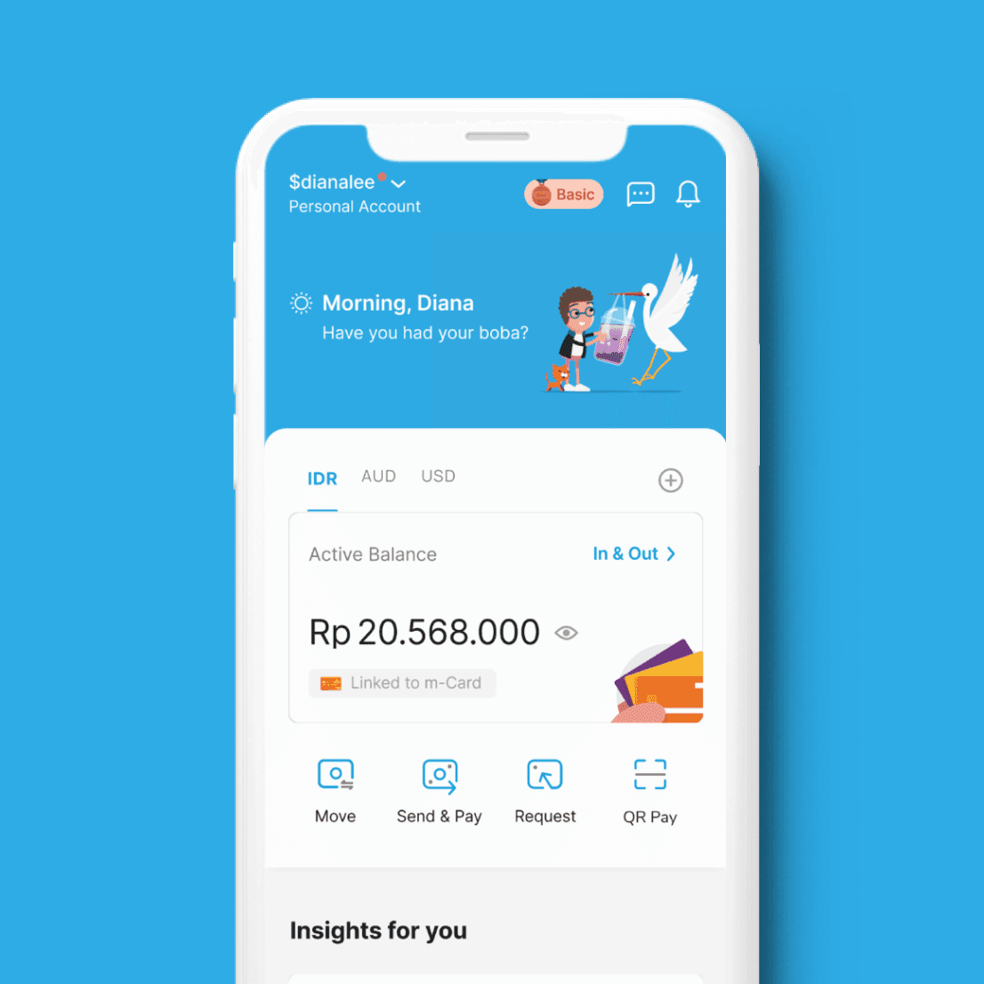 Jenius Home screen with expanded Moneytory showing categorized expense breakdown