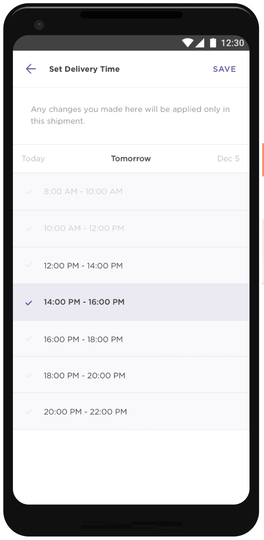 Paxel app delivery time preference selection screen