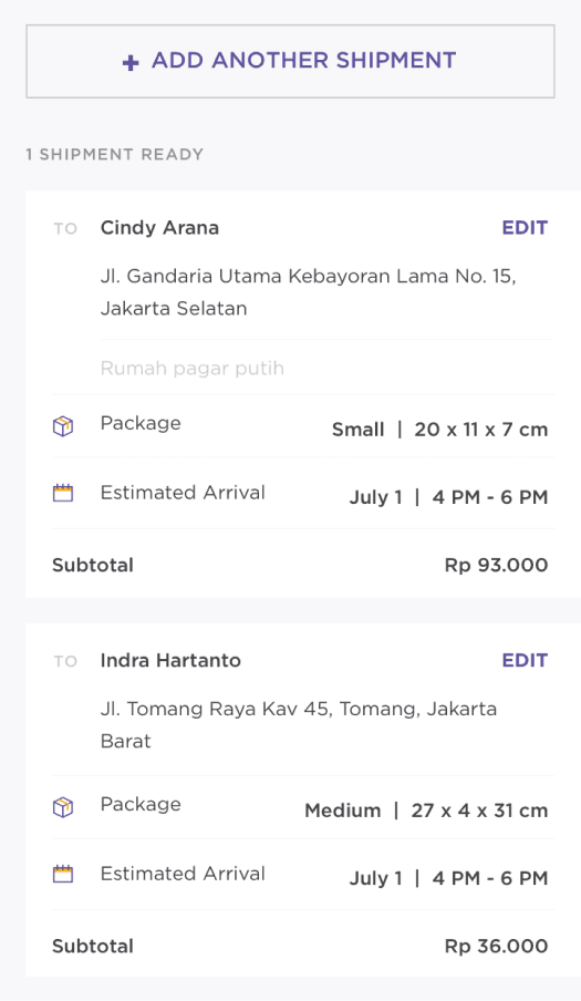 Paxel bulk shipment confirmation with shipping costs and delivery options