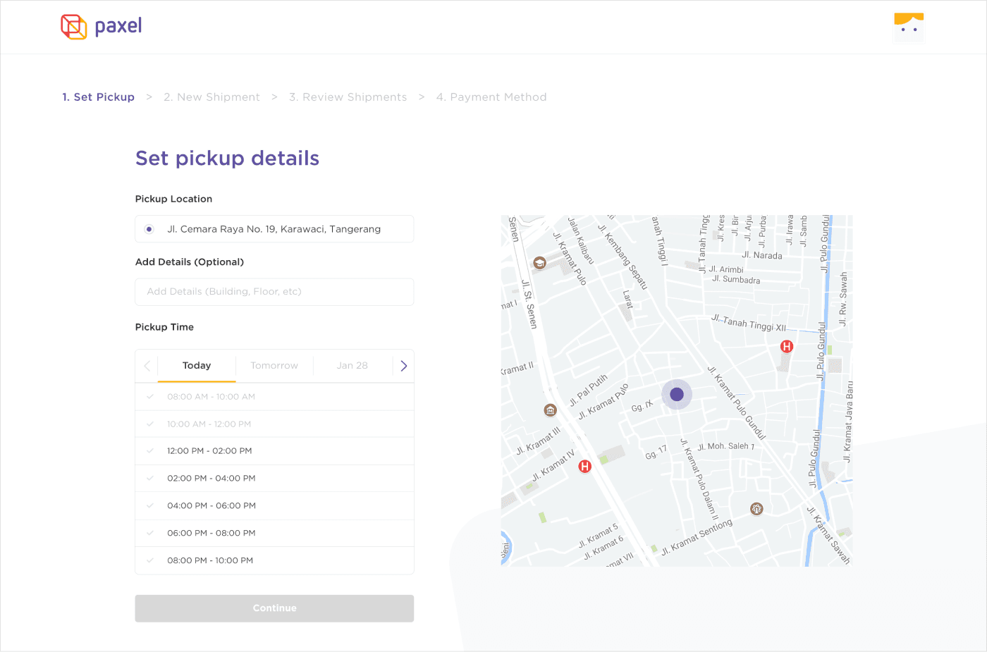 Paxel app pickup scheduling interface with flexible time selection