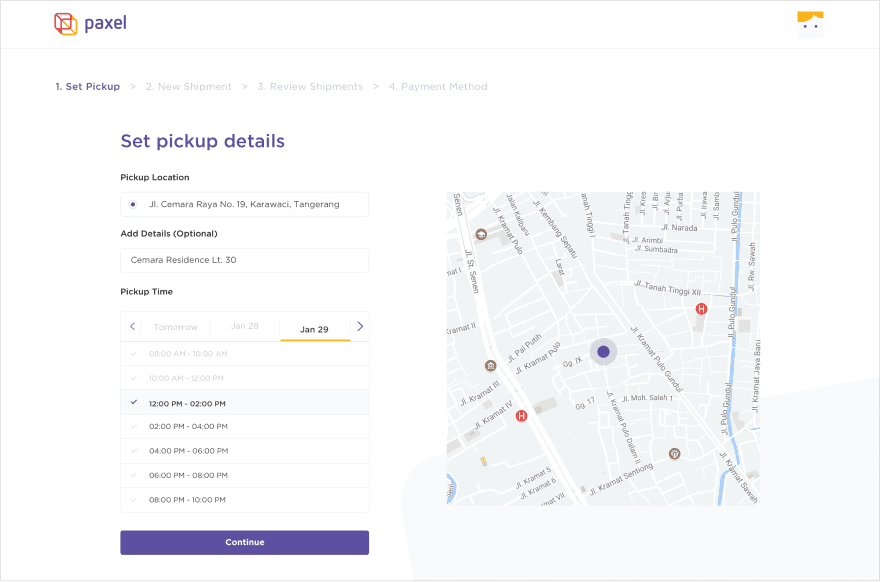 Paxel app pickup confirmation screen showing courier arrival estimate