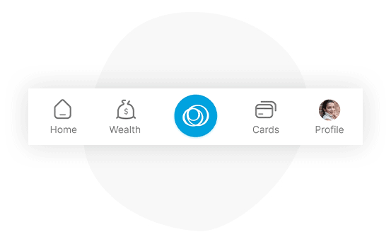 Jenius app bottom navigation showing Home, Wealth, Mobius button, Cards, and Profile tabs