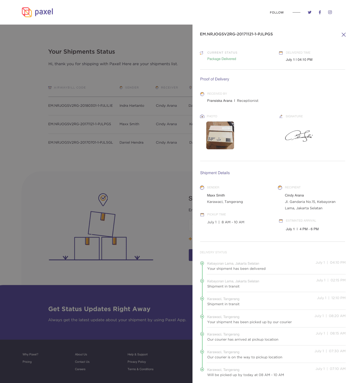 Paxel app shipment tracking screen showing courier location and delivery status