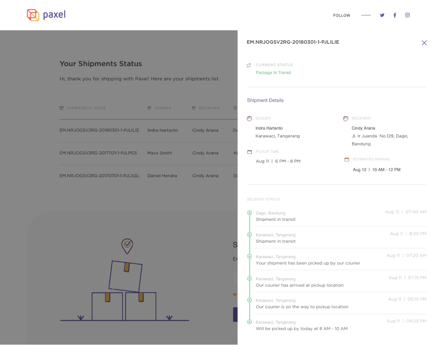 Paxel app real-time courier tracking with map view and delivery timeline